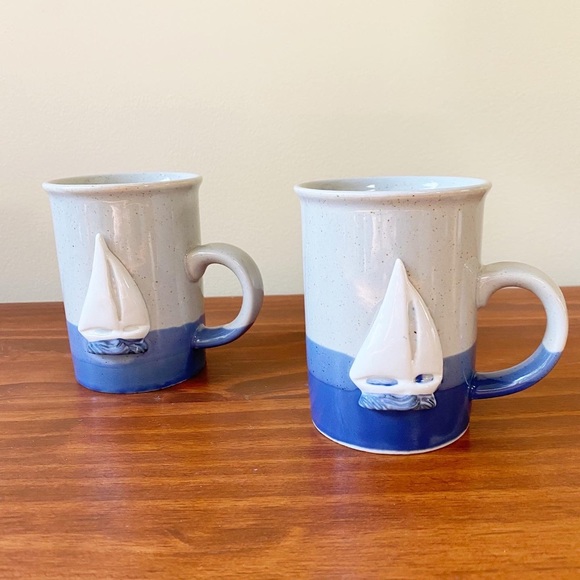 Vintage 3D Sailboat Pottery Ceramic Nautical Coffee Tea Mug Set